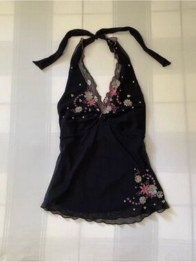 Vintage black halter top with embroidered details